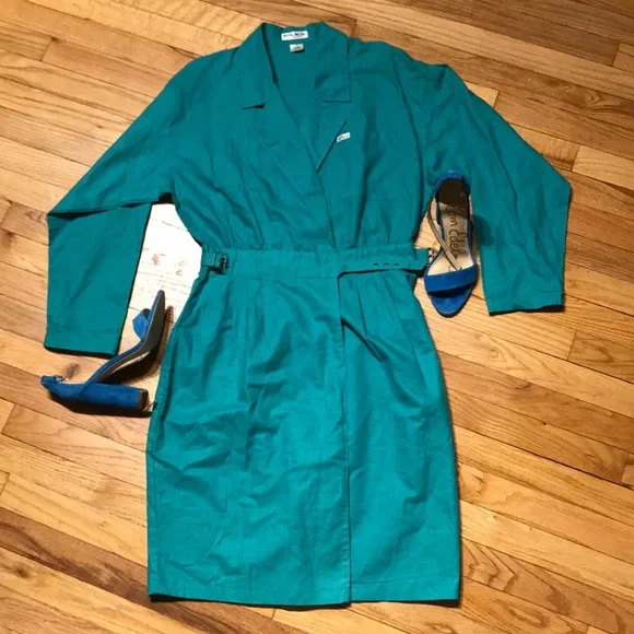 ✈️Nok Nok Vintage Ramie Teal Bodice wrap Overlay shirtdress Shift Sheath Pencil - Picture 9 of 16